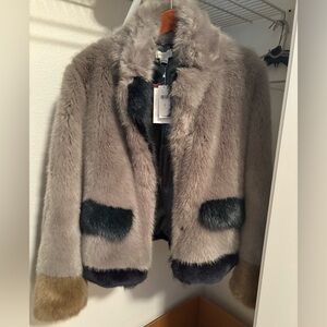 Anthropologie fun color blocked faux fur, silk lined, never worn